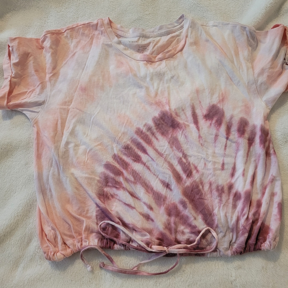 American Eagle Pink Tie Dye Tied Waist Tee - Size Small